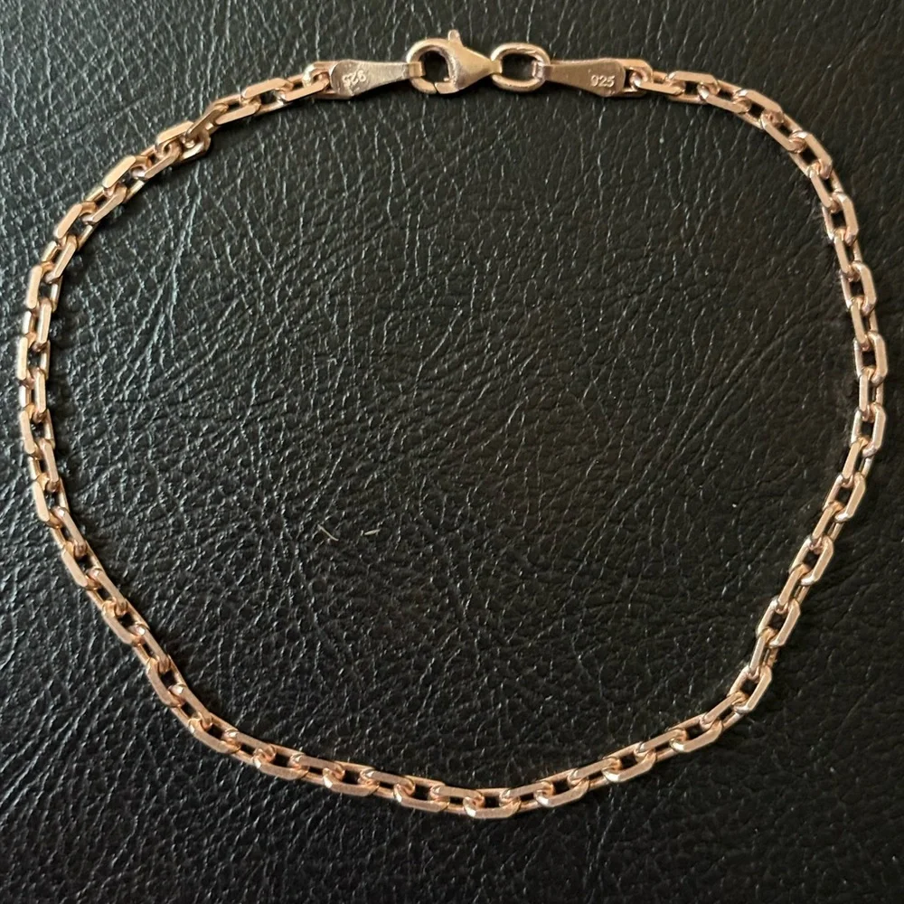 925 Silver 8.5” 3mm link chain bracelet 14k rose gold plated unisex